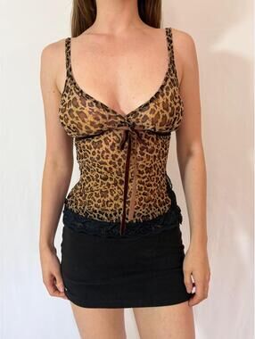 Sheer Leopard V Neck Ruffle Mesh Lingerie Y2K Cami